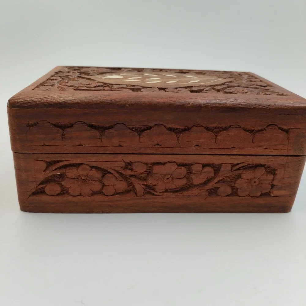 Vintage Hand Carved Indian‎ Wood Jewelry Box Inlay Floral Trinket Boho 6